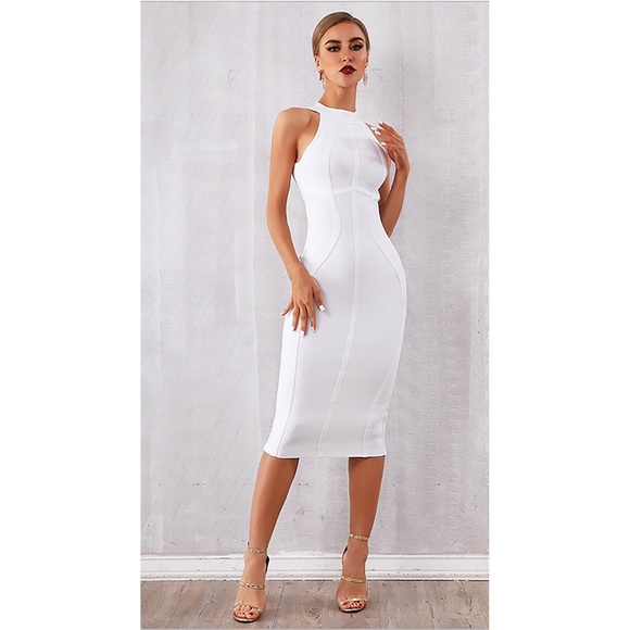 Nude Halter Bandage Bodycon Midi Cocktail Dress - Picture 6 of 11